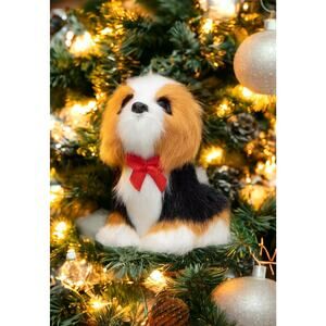 Beagle Ornament Black White Tan Faux Fur Dog Christmas Tree Red Bow